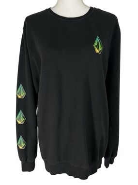 VOLCOM / Black Crewneck Sweatshirt - Green & Yellow VOLCOM Stone Prints / Large